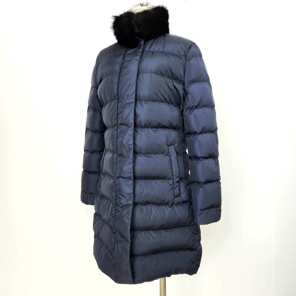 希少 PRADA プラダ 42サイズ L XL相当 ダウンコート フォックスファー リアルファー 襟 ネイビー 濃紺 