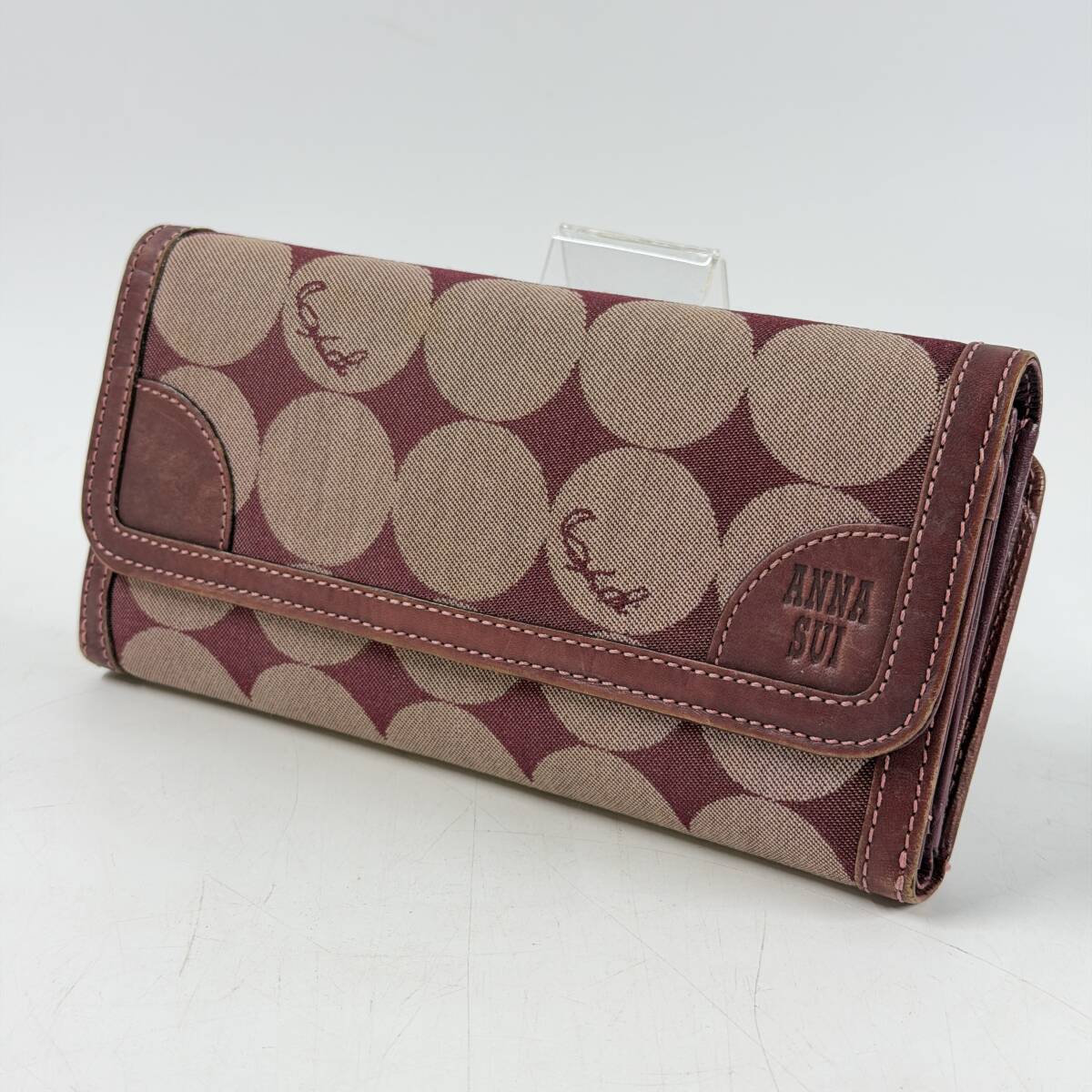【64302Q】ANNA SUI アナスイ ロングウォレット 長財布 ワイン×ベージュ サークルドット 多機能 ポケット多数 現状品