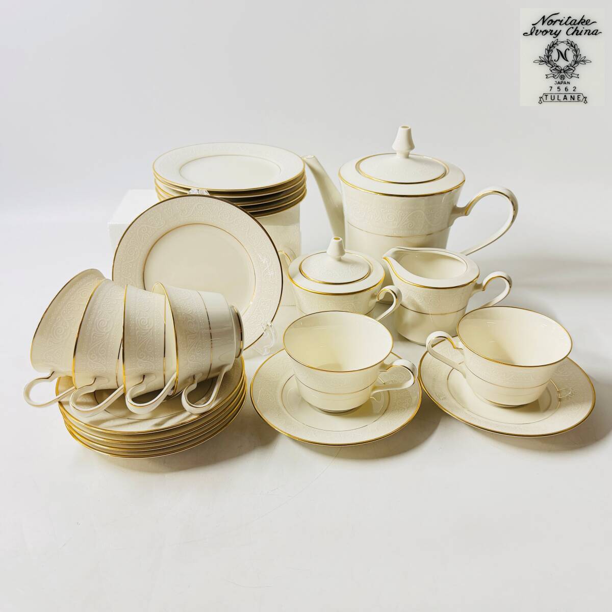 【62611Q】Noritake Ivory China TULANE 7562 ノリタケアイボリーチャイナ ポット シュガーポット クリーマー 茶器まとめて21点 現状品