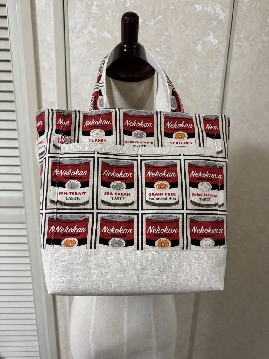 ハンドメイド 10番キャンバス×帆布 6ポケット ミニトートバッグ 猫 / 猫缶 ねこ ネコ 猫柄 コットンこばやし キャンベル風