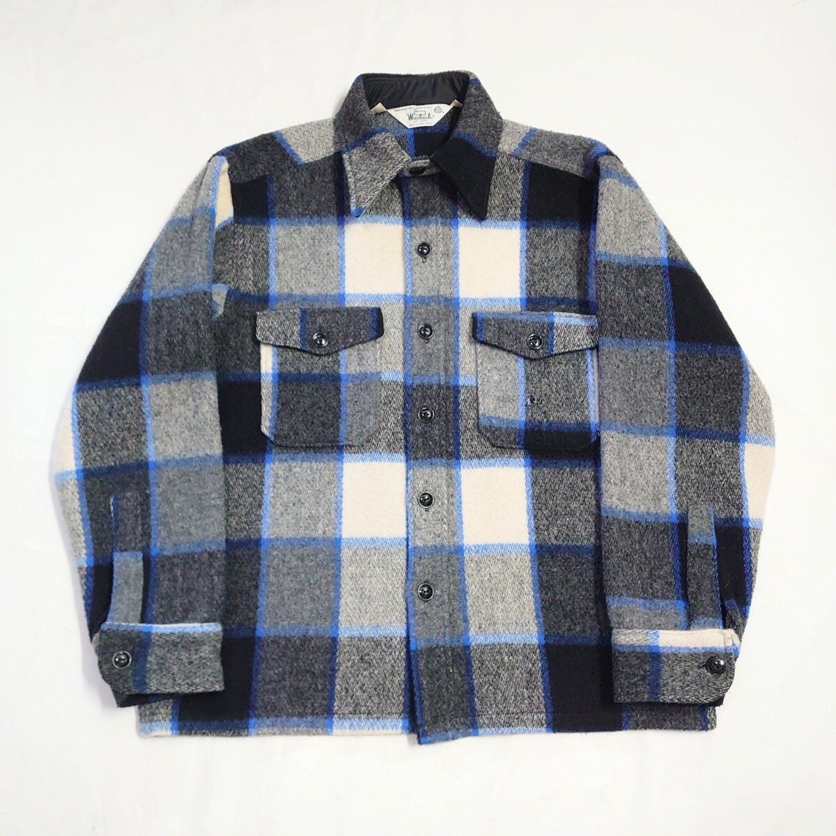 70s Woolrich ウールリッチ 黒白 青 ブロックチェック ウールシャツジャケット ビンテージウールシャツジャケット ビンテージ