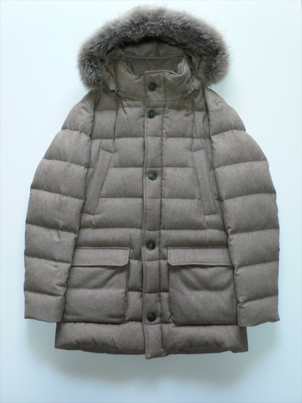 定価37.4万 美品 HERNO シルク カシミア フランネル ダウンコート 44 ライトブラウンベージュ PIACENZA社DROPGLIDE使用 ヘルノ メンズ