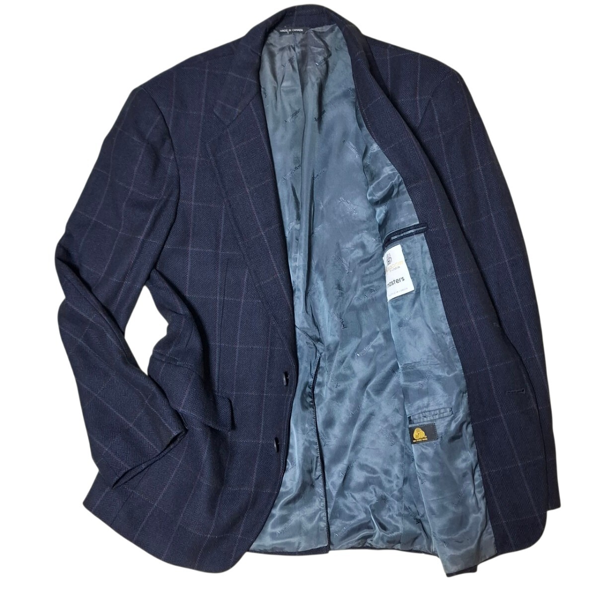 値下げOK 希少XLサイズ アクアスキュータム マスターズ Aquascutum テーラードジャケット チェック柄 ネイビー XL位 ウール100 2B 総裏地