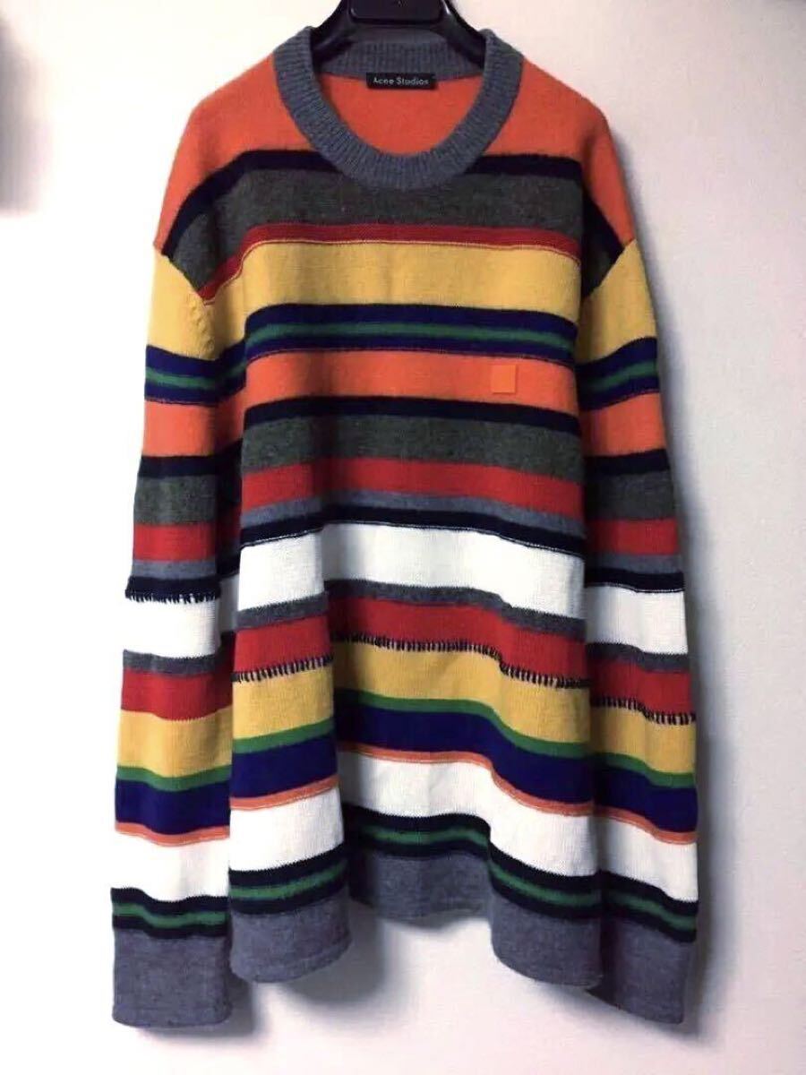 Acne Studios 18SS NIHAM オーバーサイズ ボーダーニットマルチカラー カラフル フェイスパッチ 正規 ウール コットン ステッチ 