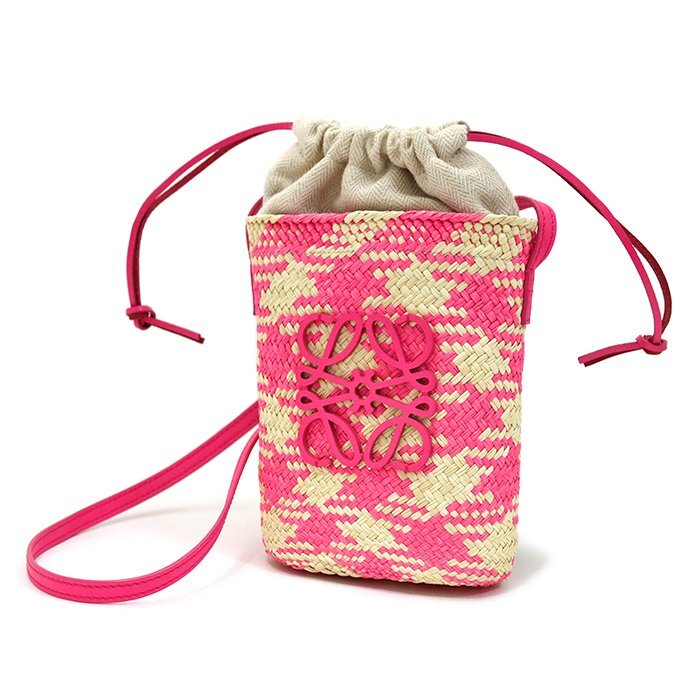 ロエベ(LOEWE) アナグラム チェック スクエアポケット ショルダーバッグ イラカヤシ×カーフレザー キャンバス ナチュラル ピンク 保存袋