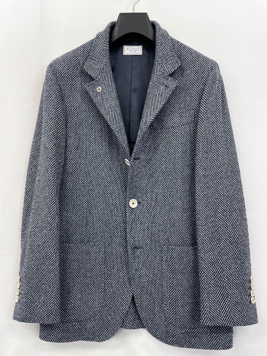 HH極美品【ブルネロクチネリ】722764 V2JI0 カシミヤ×シルク混 3B段返り ジャケット (メンズ) XXS 灰×紺 ヘリンボーン柄 伊製◇32MJ1077