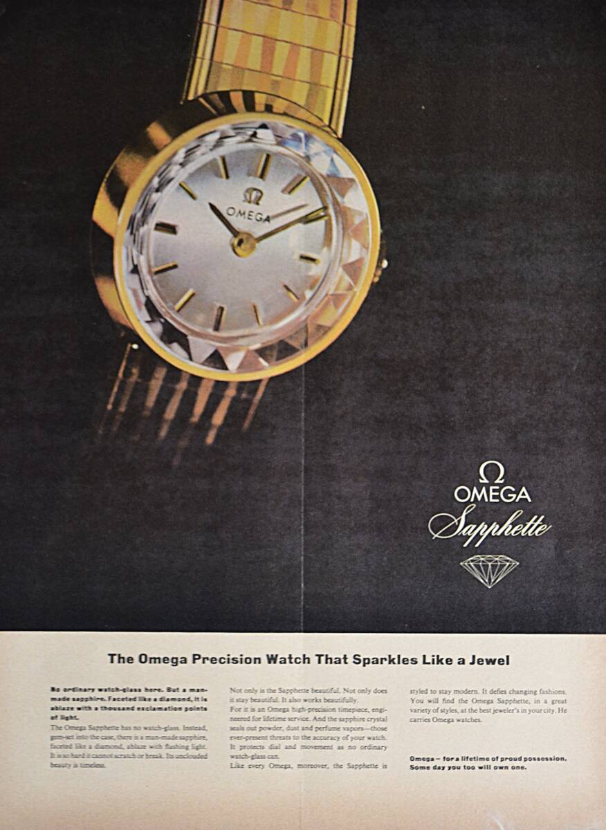 稀少・時計広告！1961年オメガ 時計広告/Omega Sapphette Watch/レディース/ジュエリー/Y