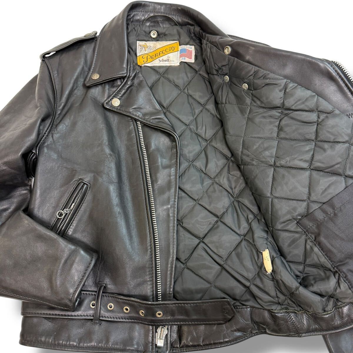 1765 Schott ダブル ライダースジャケット 618 本革 レザー ブラック 黒 ショット キルティング 38 牛革 革ジャン バイカータグ USA製