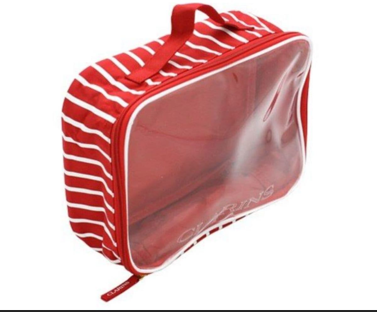 新品【クラランス】ノベルティ トラベルポーチ レッド 赤 ストライプ ビニール 化粧ポーチ 旅行 ポーチ 非売品 ビッグサイズ ボディケア