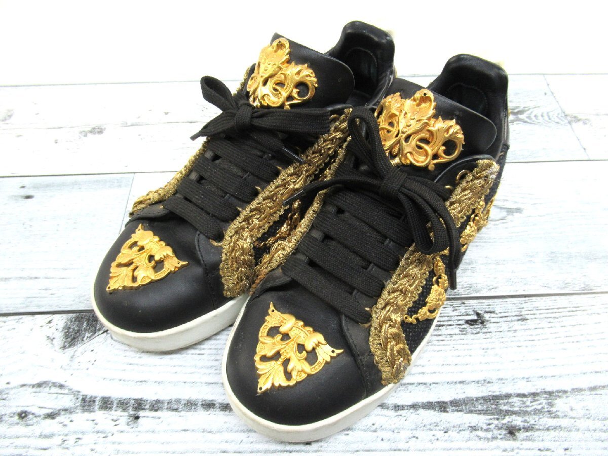 ☆☆【B送900円】3065　DOLCE&GABBANA　ドルチェアンドガッバーナ　ポルトフィーノ　ローカットスニーカー　黒×ゴールド　イタリア製　35