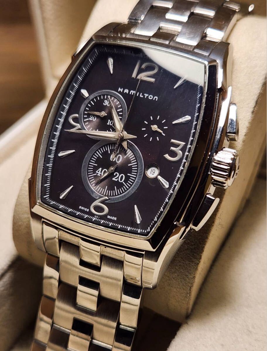 送料込み　希少 Hamilton Jazz Master CHRONO Tonneau Quartz ハミルトン ジャズマスター トノー　クオーツ 腕時計 カーキ　khaki クォーツ