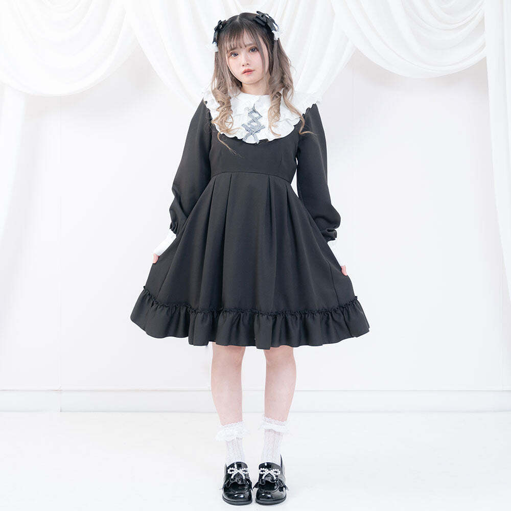 ■DearMyLove■ヨークレースアップお嬢様ワンピース 3Lブラック黒■ギンガムチェックリボンロリータロリィタガーリー量産型大きいサイズOP