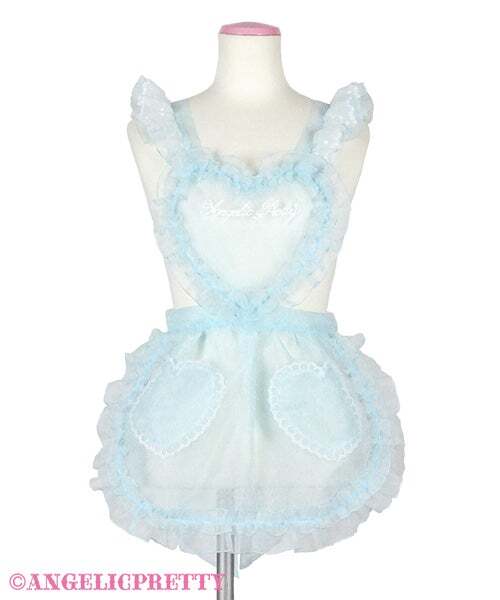 ■Angelic Pretty■Heart Fairyフリルエプロン サックス×白レース■ロリータロリィタガーリーハート胸当てロゴ刺繍入りサロンエプロン