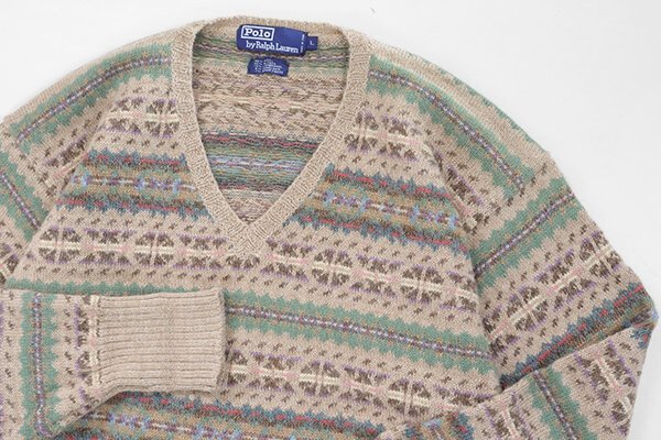 *80s-90s* POLO RALPH LAUREN ◆ フェアアイル柄 Vネック ニット 茶系 Lサイズ ウール セーター ヴィンテージ ポロ ラルフローレン ◆G129