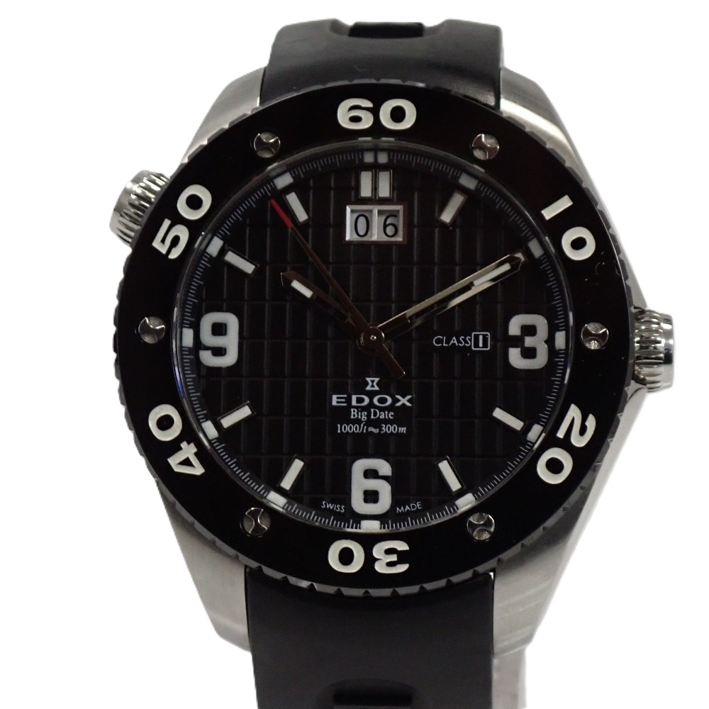 Th662691 エドックス 腕時計 クラスワン Class-1 ビッグデイト 63004 SS ラバーベルト クォーツ ブラック文字盤 EDOX 中古