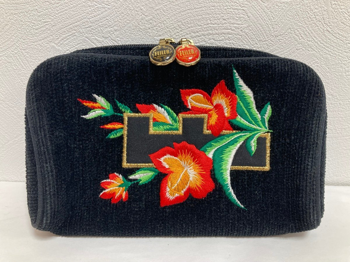 FEILER フェイラー　ポーチ　黒　花柄　タオル地　極美品　