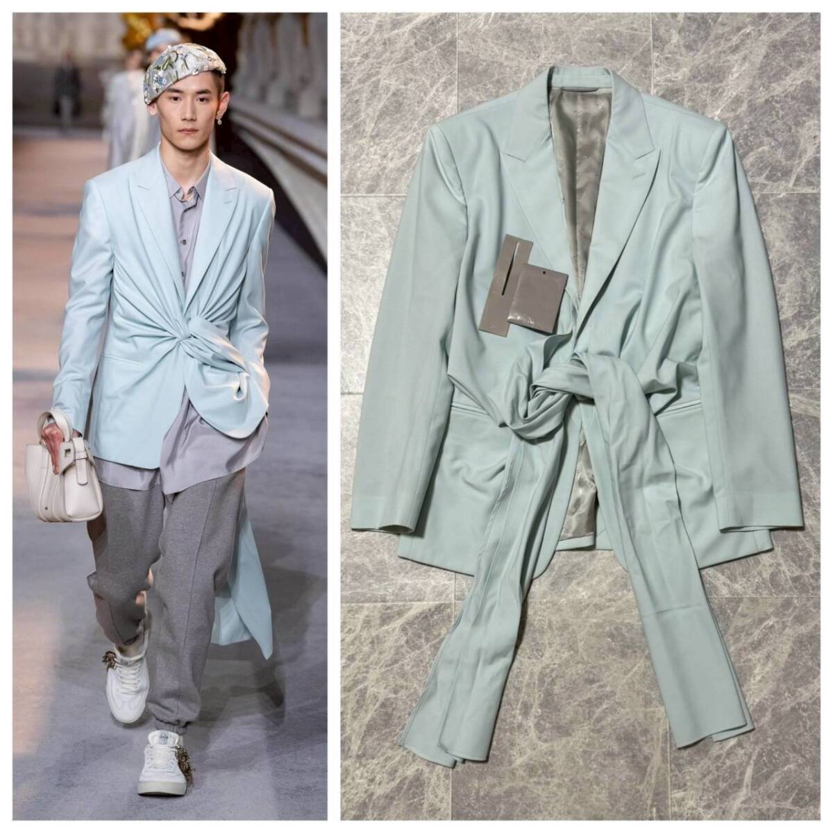 タグ付 DIOR HOMME MEN 2022AW ディオール キムジョーンズ コレクション ウール リボン タイ バー テーラード ジャケット 44 ブルー 水色