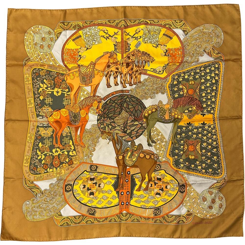 南店25-3941 【良品】 エルメス カレ90 Art des street ステップ美術 ブラウン系 シルクスカーフ 馬 ホース ファッション小物 レディース