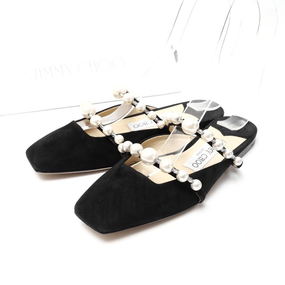 JIMMY CHOO ジミーチュウ Amaya アマヤ ミュール サイズ34 パール ビジュー スクエアトゥ ストラップ スエード フラット パンプス