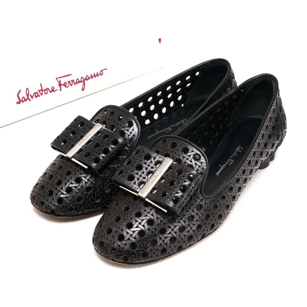 Salvatore Ferragamo サルヴァトーレフェラガモ パンプス サイズ5.5D フラワーヒール 編みレザー