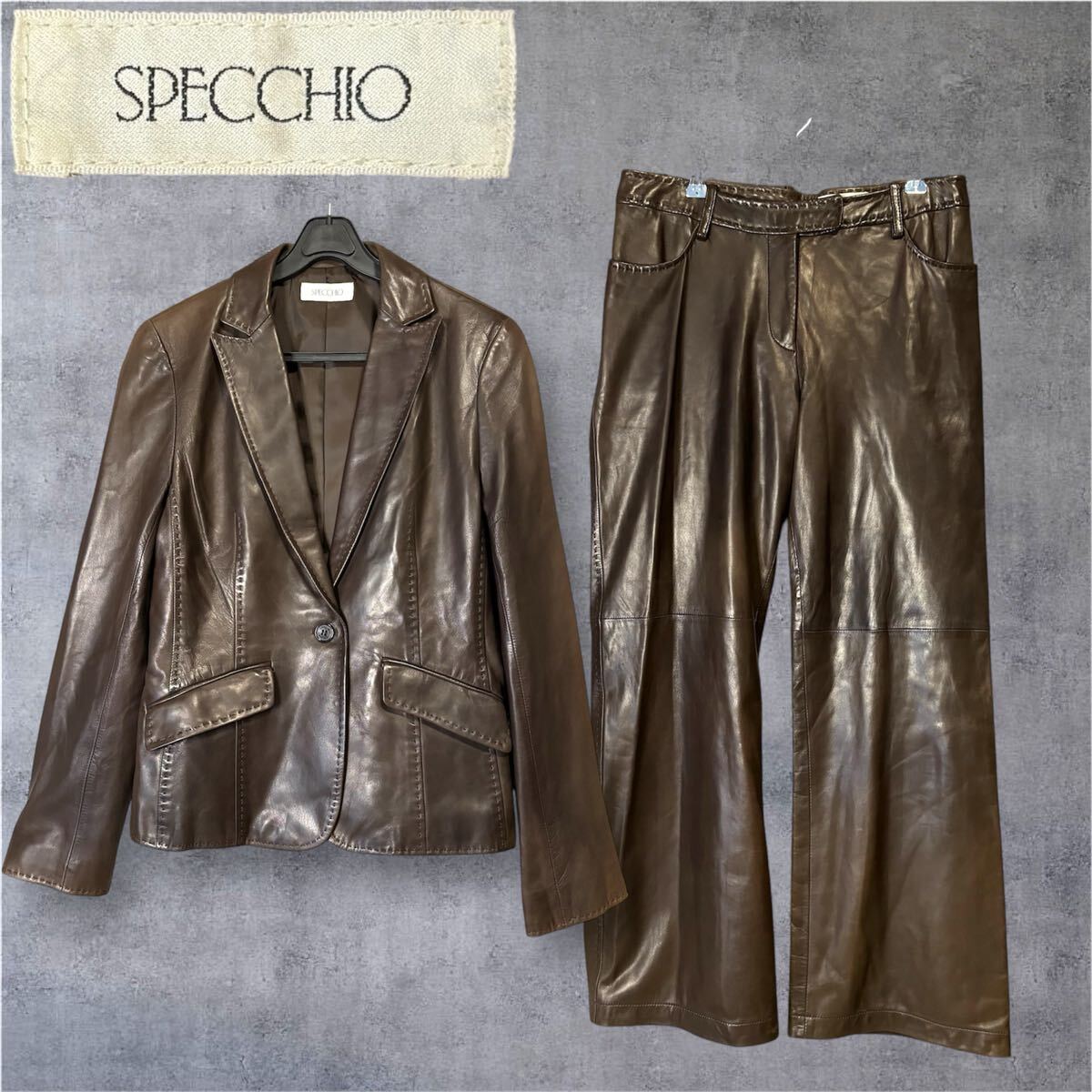 SPECCHIO スペッチオ ジャケット スラックス スーツ セットアップ ブラウン 羊革 ワイドフレアパンツ レザー L相当 size40 ラムレザー