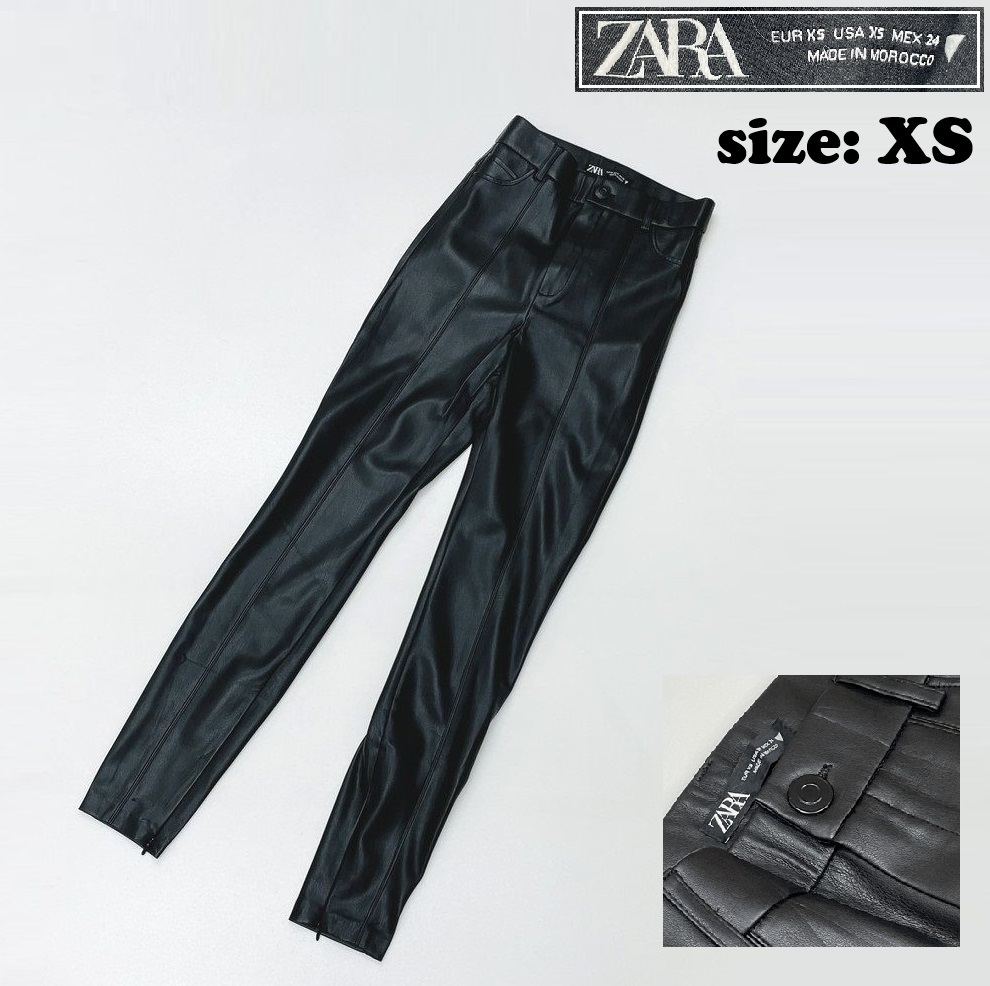 ZARA /XS/ ブラック フェイクレザーレギンス スリムパンツ レディース ホワイトロゴタグ カジュアル ボタン デイリー 生地 ストレッチ ザラ