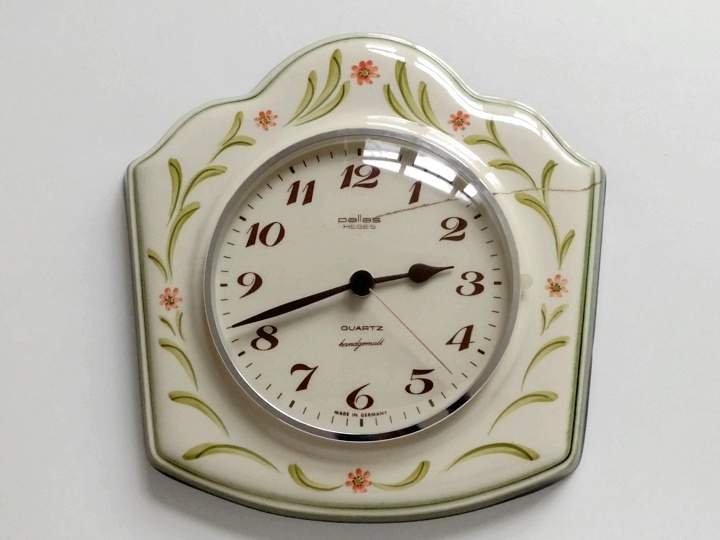 ●○ドイツ製 陶器の壁掛け時計 変形花柄 Pallas HEGES○●アナログウォールクロックレトロビンテージアンティークインテリア IN828