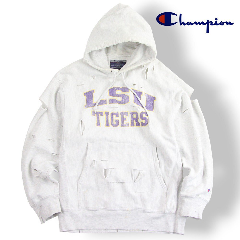 Y2K 美品 Champion チャンピオン 2000年代 リバースウィーブ LSU TIGERS ダメージ加工 デザイン スウェット パーカ ライトグレー L