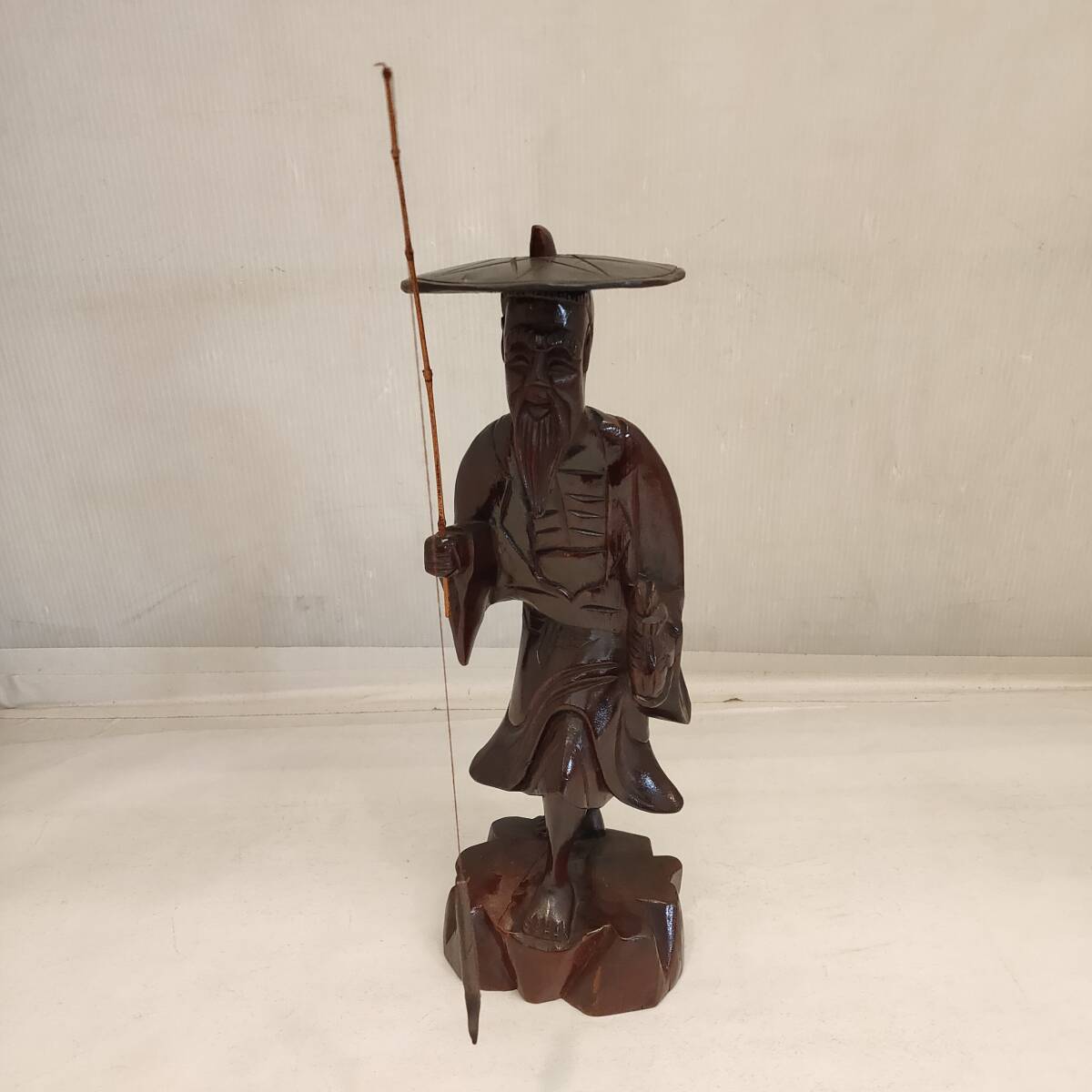 120406●木彫り 太公望 釣り 老人 高さ36cm 木製 置物●