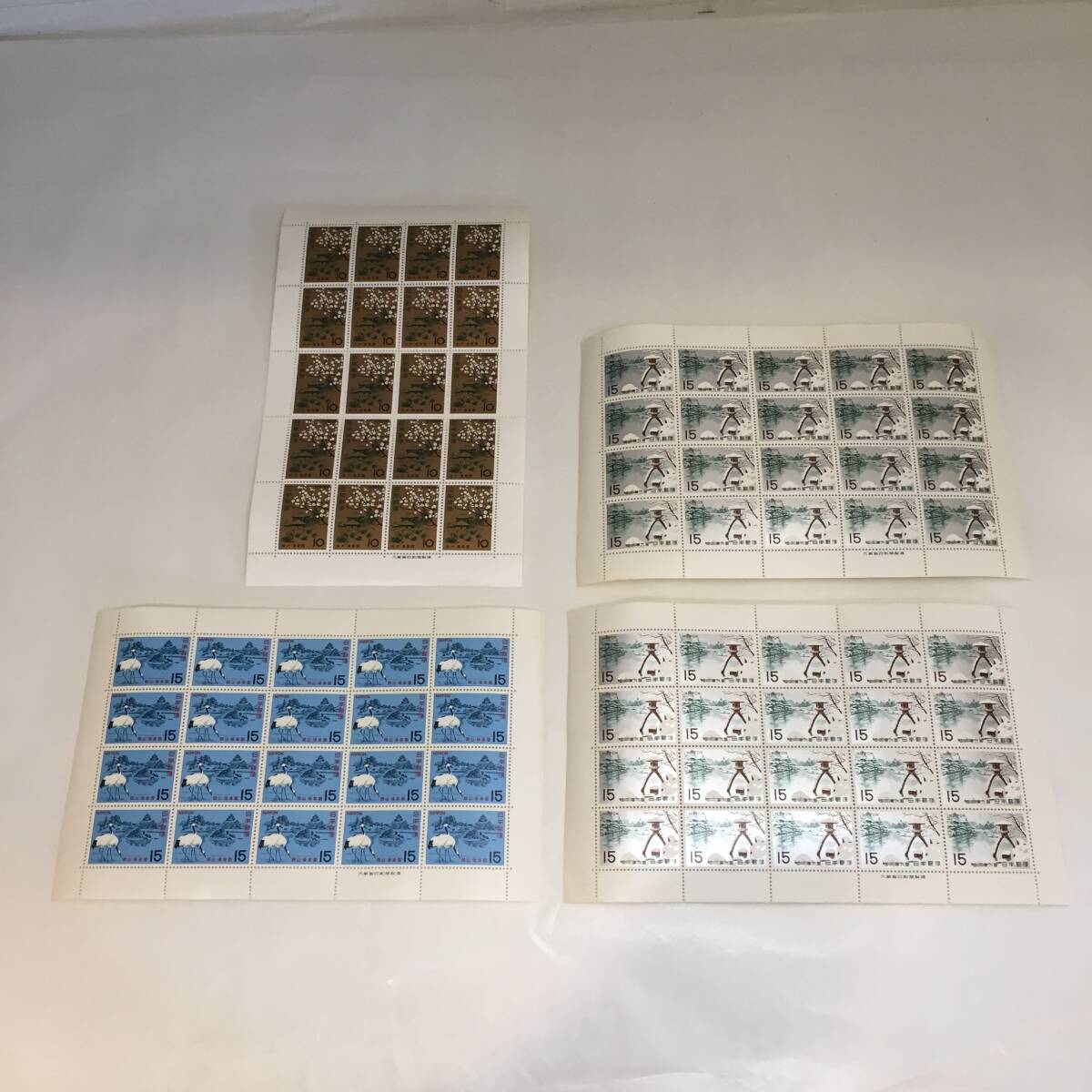 F121003◎（35）未使用 切手シート まとめて4枚(3種) 名園シリーズ 水戸偕楽園 岡山後楽園 金沢兼六園 10円 15円◎