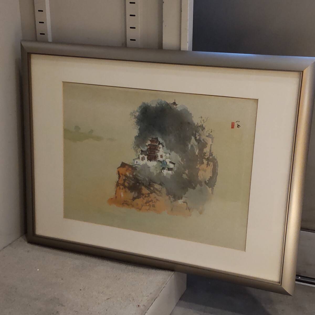 Y121606■【模写】 竹内栖鳳 印刷 「塔」 額装 幅約62cm 高さ約47cm 絵画サイズ約42×32cm 裏面にテープ痕あり■