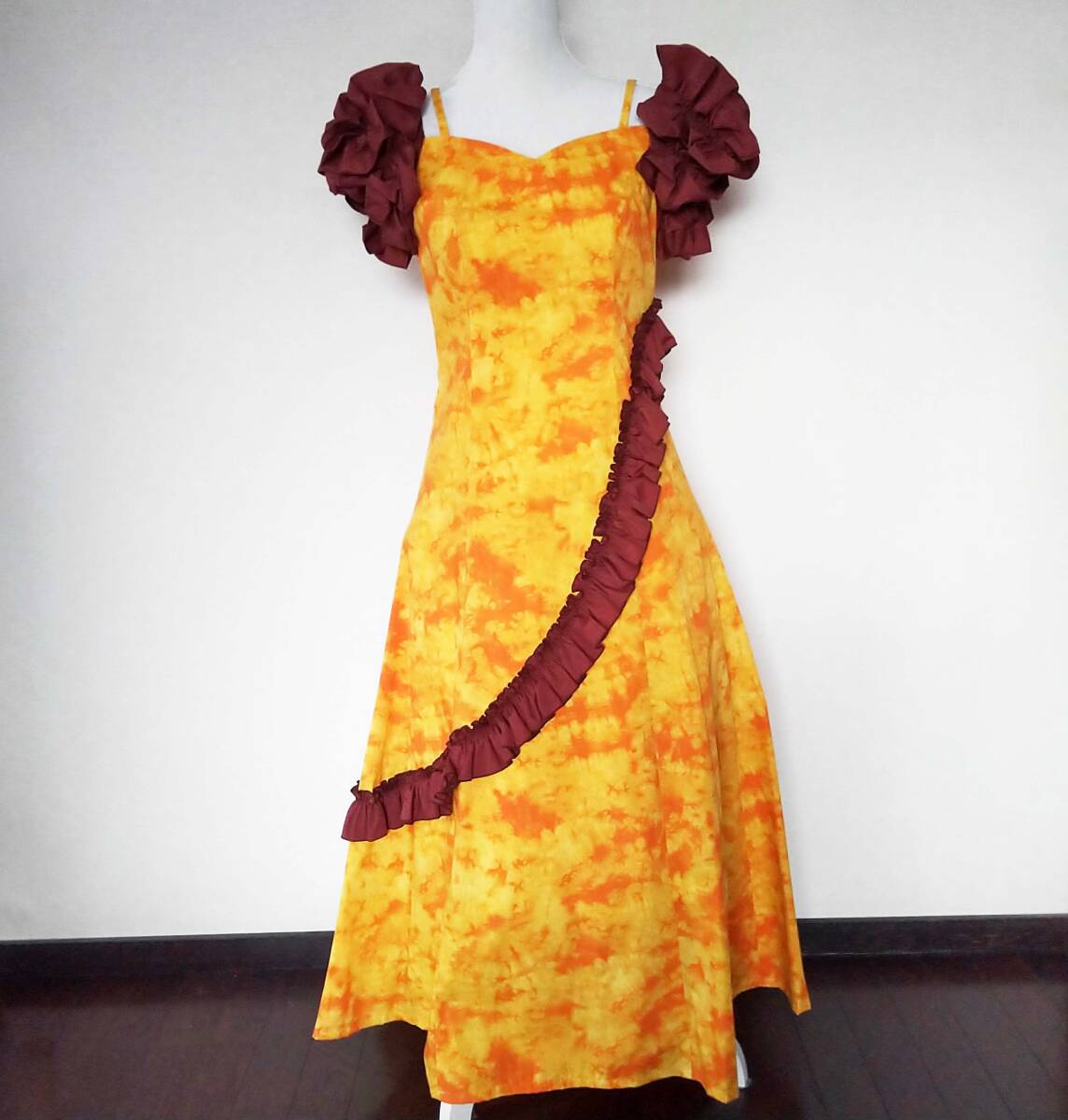 Paondor パンドール 日本製☆イエロー系ハワイアンファブリック フリル装飾キャミドレス/ワンピース 3 メレフラ パーティー ホイケ