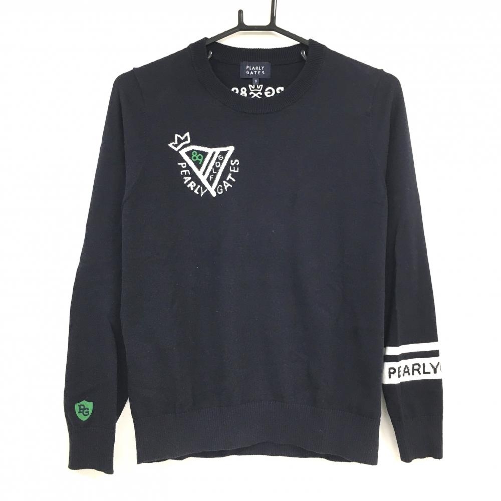 【美品】パーリーゲイツ セーター ネイビー×白 コットン 袖ロゴ ニット レディース 0(S) ゴルフウェア PEARLY GATES