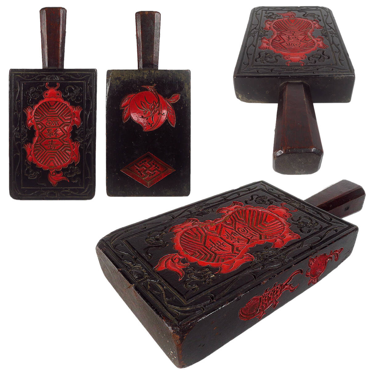 【SAKURAYA】朝鮮古美術【彩色木彫 羽子板形菓子型】李朝 唐物 時代 希少品 珍品 細密彫刻 茶道具 骨董品 古美術品 中国古玩 全長29.7cm