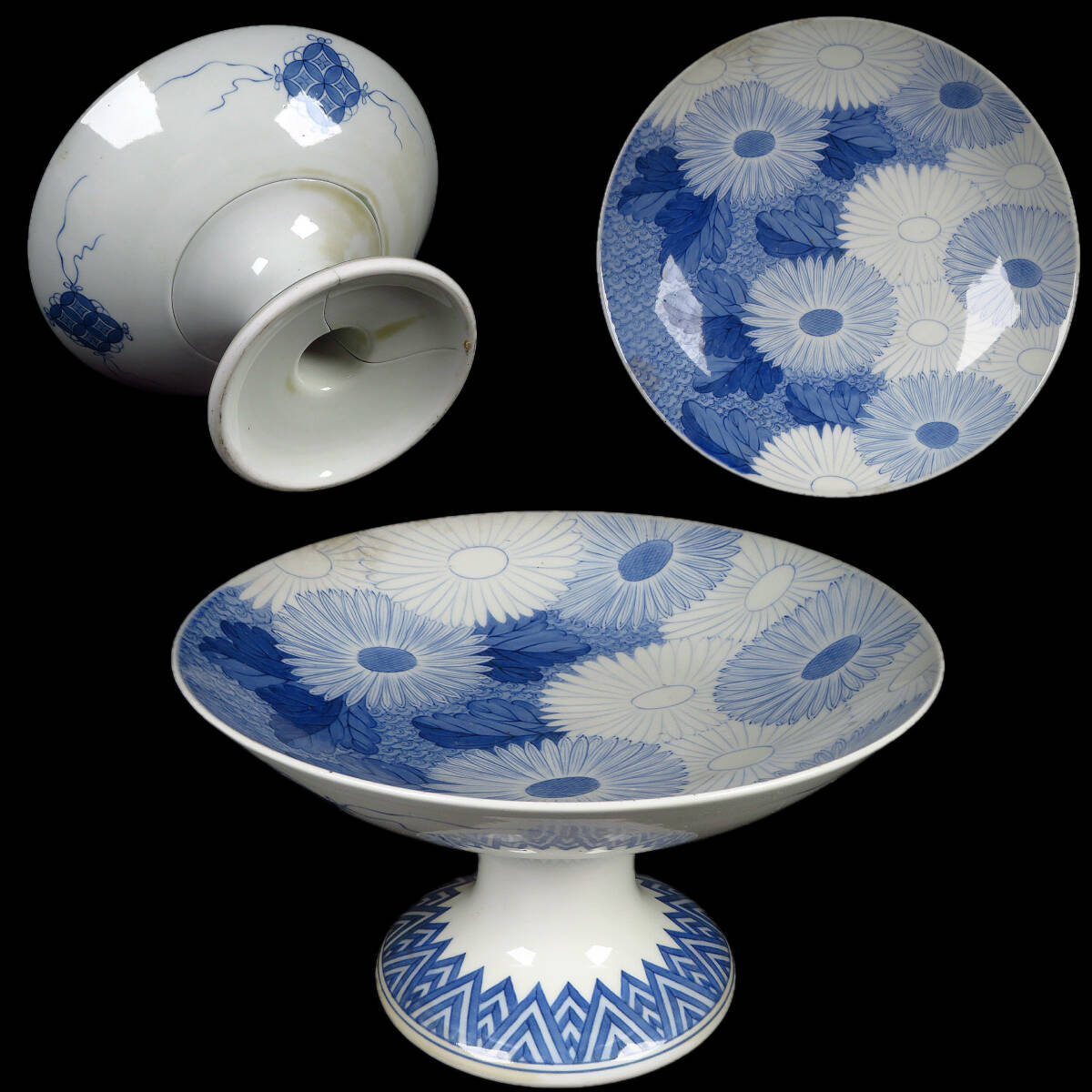 【SAKURAYA】珍品 コレクター所蔵品【鍋島 染付菊花文高台鉢】鍋島焼 藍鍋島 希少品 コンポート 茶道具 箱 骨董品 古美術品 希少品 飾鉢