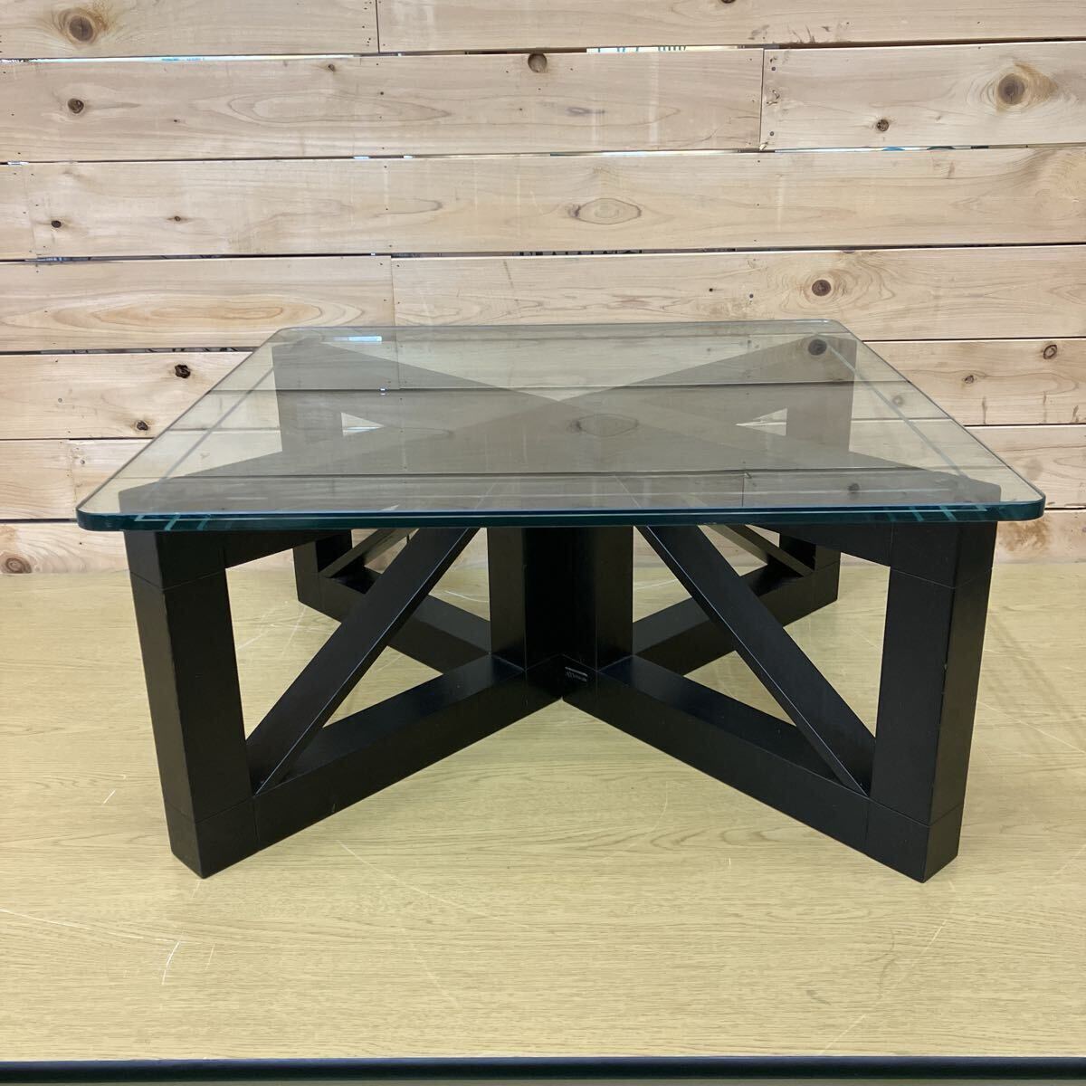 #アンティーク家具　マルニ木工 ガラステーブル リビングテーブル ローテーブル 座卓 応接 リビング モダン 幅72cm