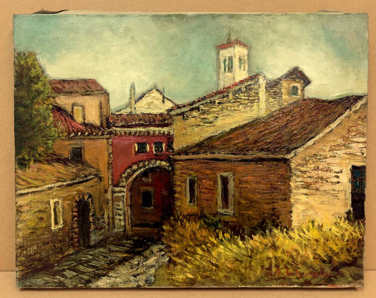 真作/ツD-28 三觜正之 アッシシの民家 イタリア 油彩 F6号/m.mitsuhashi 元一創会 元二紀会同人 /アッシジ 街並 建物 油絵 絵画 風景画