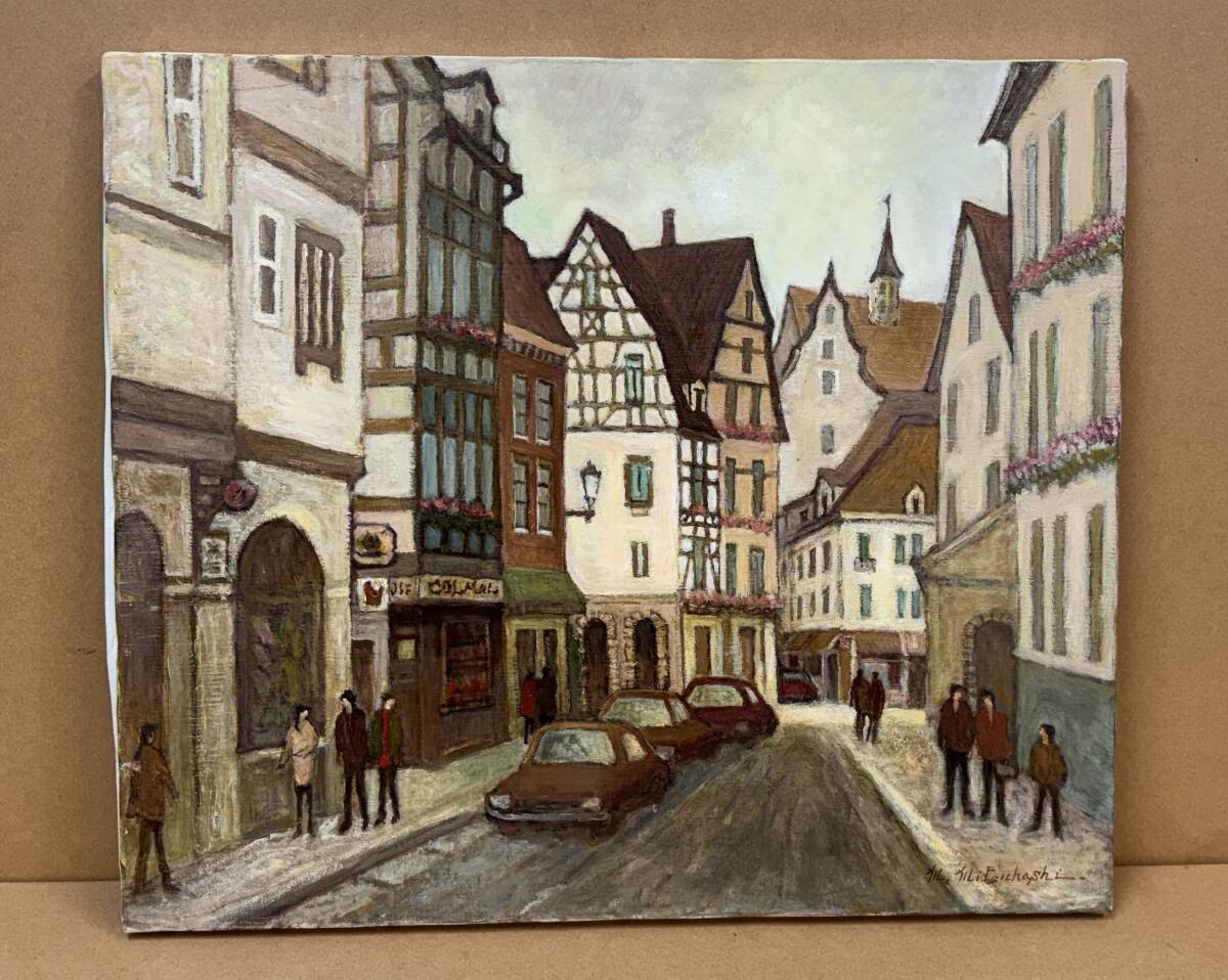 真作ツM1550/三觜正之 フランス 日曜日のコルマール F10号/ヨーロッパ 街 建物 キャンバス 油彩画 洋画 風景画 元一創会員 元二紀会同人