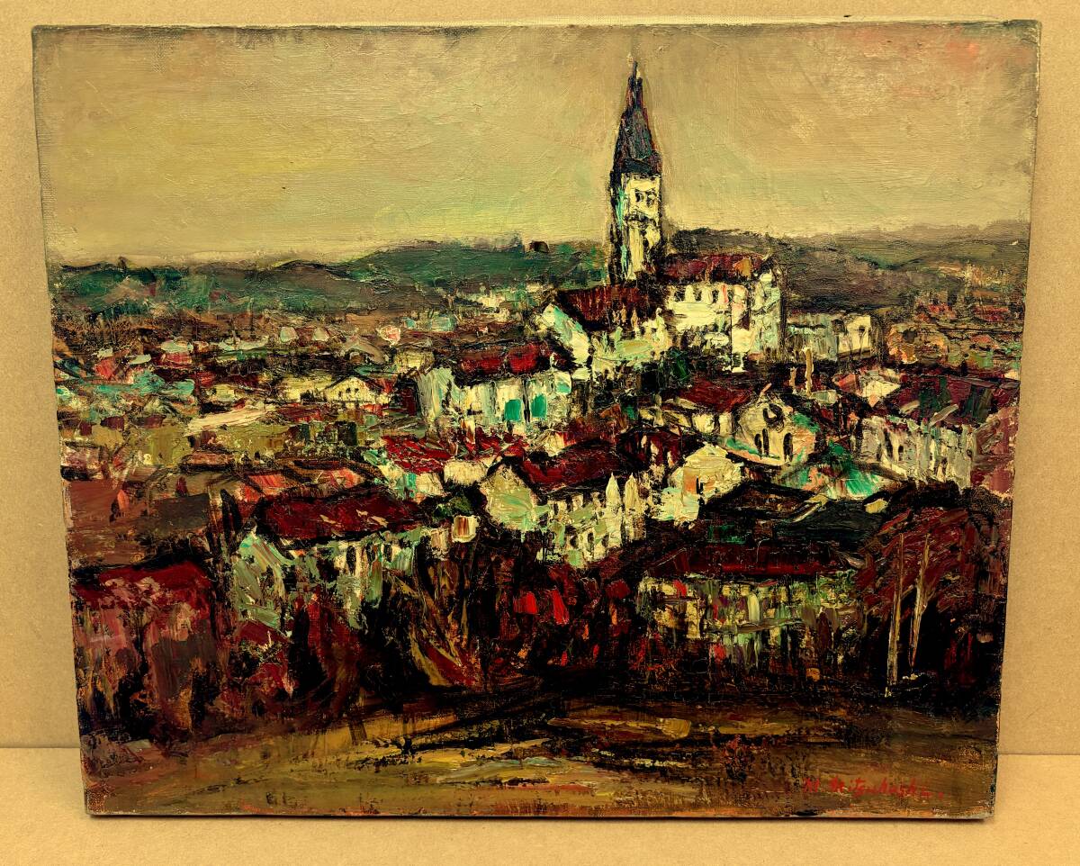 真作/ツD20/三觜正之 ローマ郊外 油彩 約F8号/二紀会同人/m.mitsuhashi みつはしまさゆき/イタリア ヨーロッパ 街並 建物 油絵 絵画 風景画