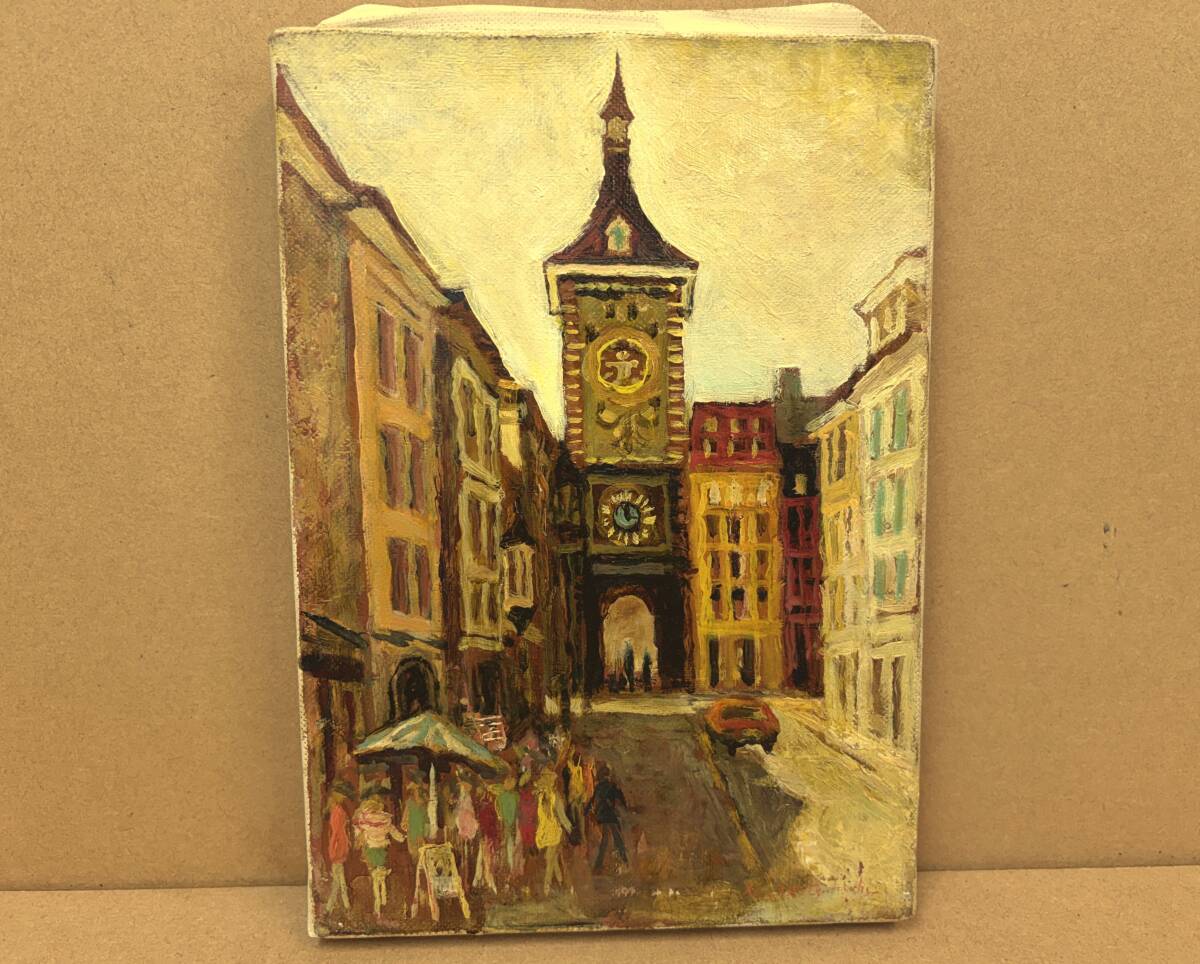 真作/ツD-31/三觜正之 ベルンの時計塔 スイス 油彩 SM/m.mitsuhashi 元一創会 元二紀会同人 /ヨーロッパ 建造物 建物 街並 油絵 風景画