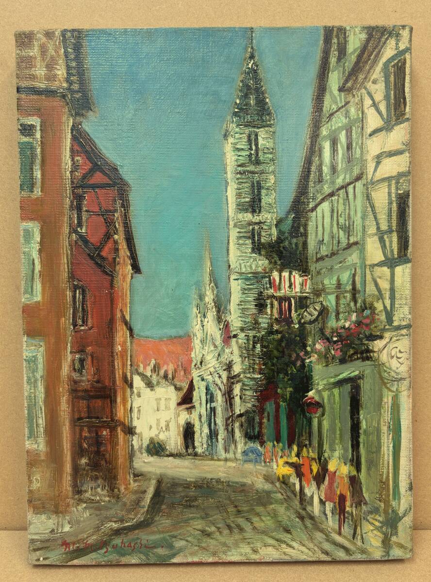 真作/ツD26/三觜正之 ローテンブルグの白い教会 西ドイツ 油彩F4号/m.mitsuhashi みつはしまさゆき/ヨーロッパ 建物 街並 油絵 絵画 風景画