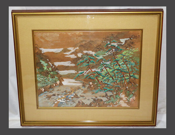 【adva】【真作】■池田遙邨■嵐峡薫風図額■共シール付■肉筆■額装■日本画■