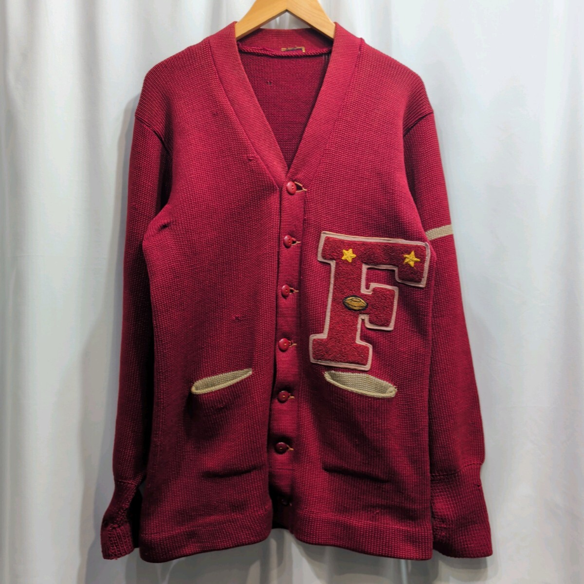 50s 60s Vintage レタードカーディガン L相当 メンズ ニット セーター ワッペン イニシャル ビンテージ