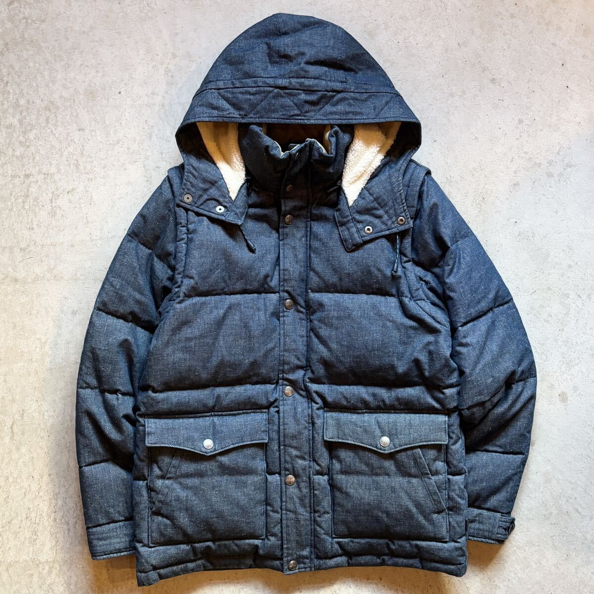 【美品】LEVIS リーバイス デニム ダウンジャケット ベスト パーカー フーディー 3Way メンズ L インディゴ BLUE 無地 中綿 裏ボア 正規品