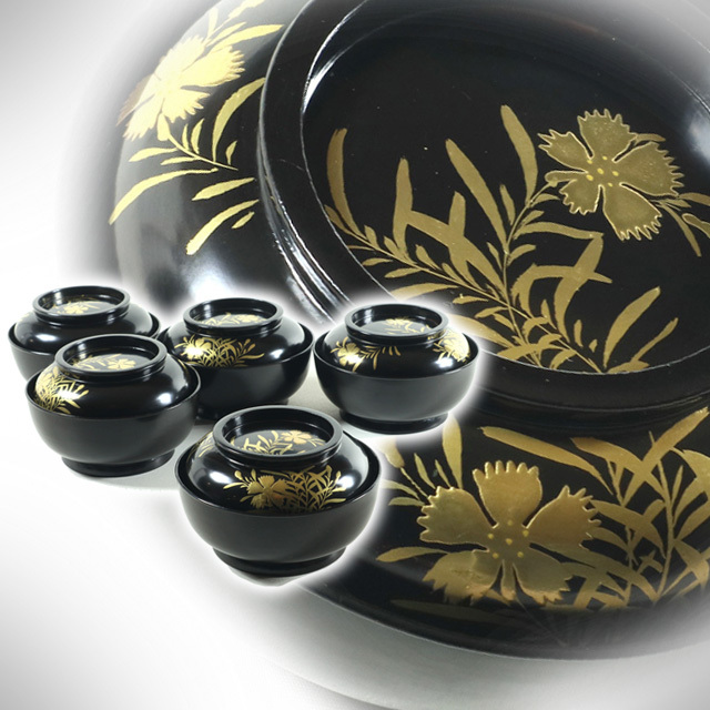 ●c3134●美 時代【輪島塗蒔絵菓子椀5客/草花図 蝋色黒真塗大正期/吸物椀煮物椀】検お茶会煎茶道具茶懐石●西瓜●
