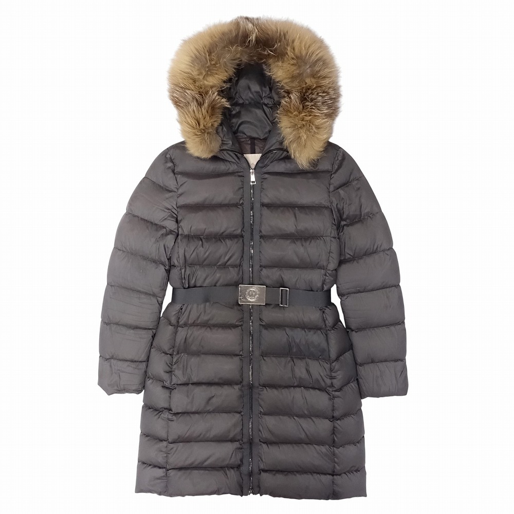 MONCLER モンクレール ダウン コート ジャケット フォックスファー フード ロゴバックル ベルト付き 2 M グレー レディース 【中古】