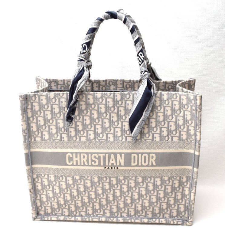 美品 Christian Dior ディオール 【オブリーク ブックトート ラージ トートバッグ グレー×ホワイト】スカーフ付き