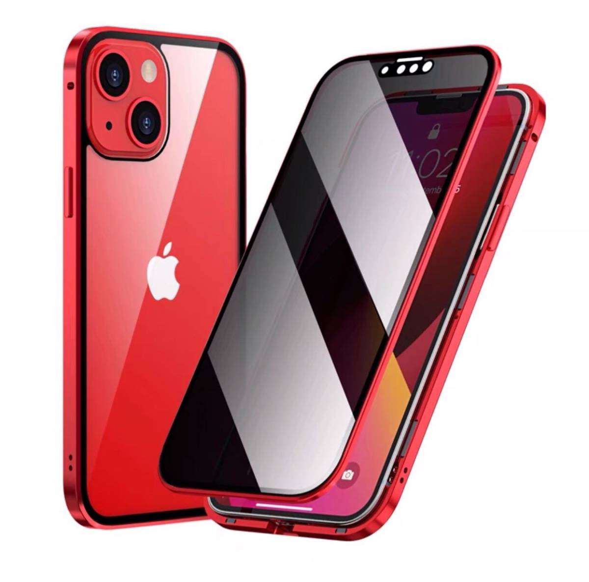 iPhone 14 レッド 覗き見防止 両面強化ガラス 全面保護 アルミ金属 磁気吸着 耐衝撃 iPhone8 X S 11 12 13 14 15 Pro max Plus ケース
