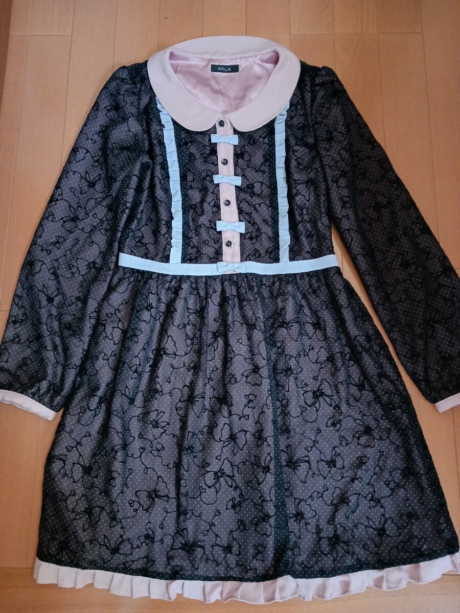 ミルクMILKワンピース黒パステルカラーリボンフロッキー水玉