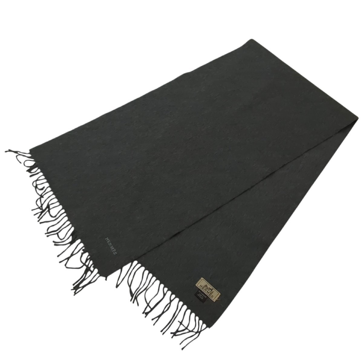 【クリーニング済】HERMES エルメス マフラー CASHMERE カシミヤ 100％ グレー スコットランド